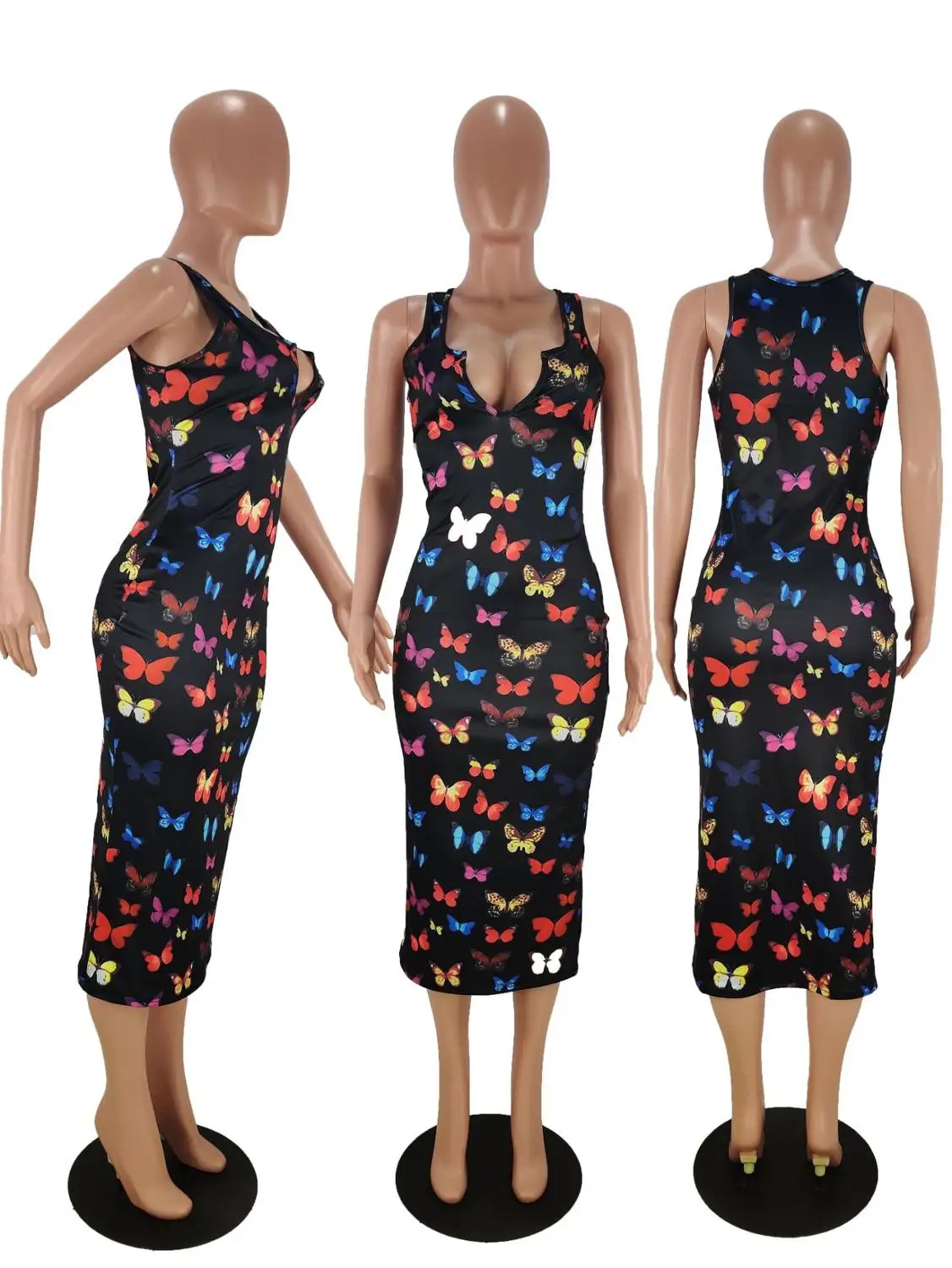 

New Fashion Women Butterfly Print Sleeveless V-neck Bodycon Mid-calf Length Dress Sexy Club Midi Bandage Pencil Dresses