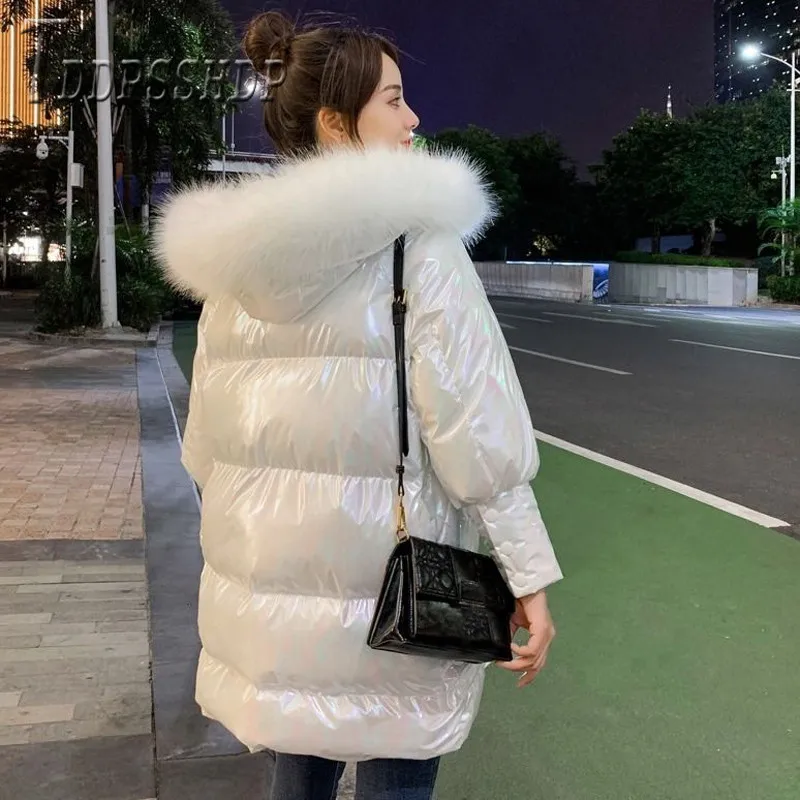 2019 популярные милые глянцевые женские парки с пушистым воротником зимнее теплое
