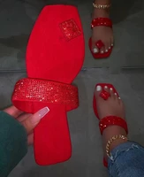 2020 red beach non slip durable spring new single finger rhinestone bright diamond slippers candy color flat women sandals