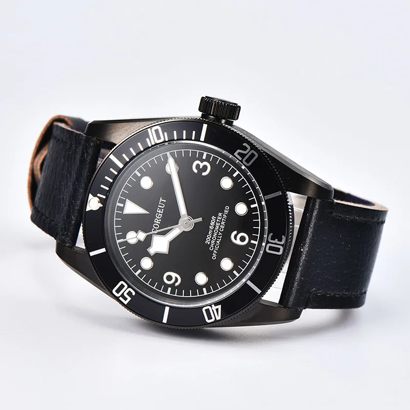 

CORGEUT Black Automatic Mechanical Watch Men's Military Watch Leather Waterproof Sports Brand Male Clock Reloj De Hombre 2010