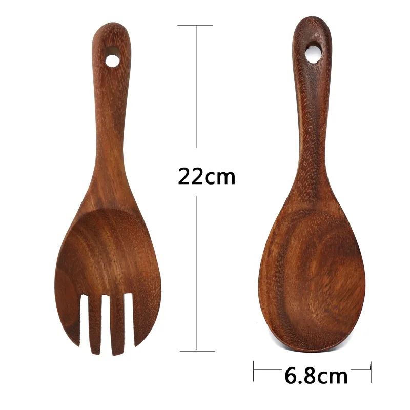 

Natural Wooden Kitchen Cooking Spoons Large Salad Server Wood Fork Spoon Cutlery Set Wooden Utensils Tableware Forks Kitchen Bar