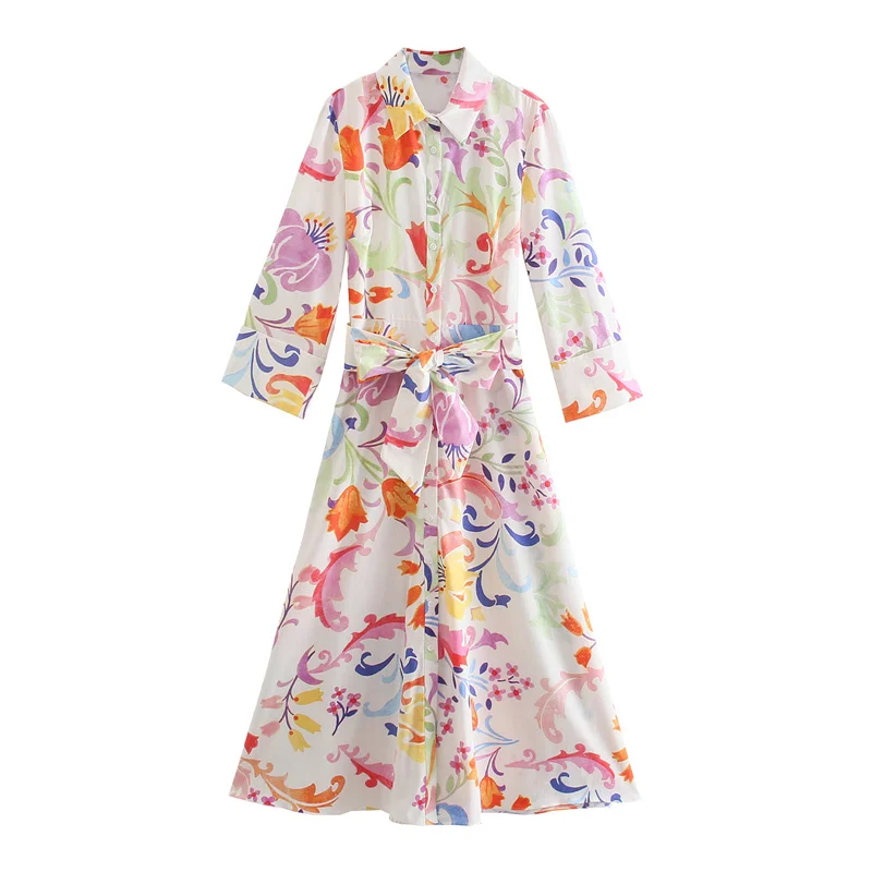 

Women Chic Fashion With Belt Floral Print Midi Dress Vintage Three Quarter Sleeve Button-up Female Bohemian Dresses Mujer