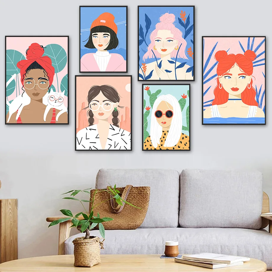

Fashion Girl Cactus plant Abstract Wall Art Canvas Painting Nordic Posters And Prints Wall Pictures For Living Room Boho Decor
