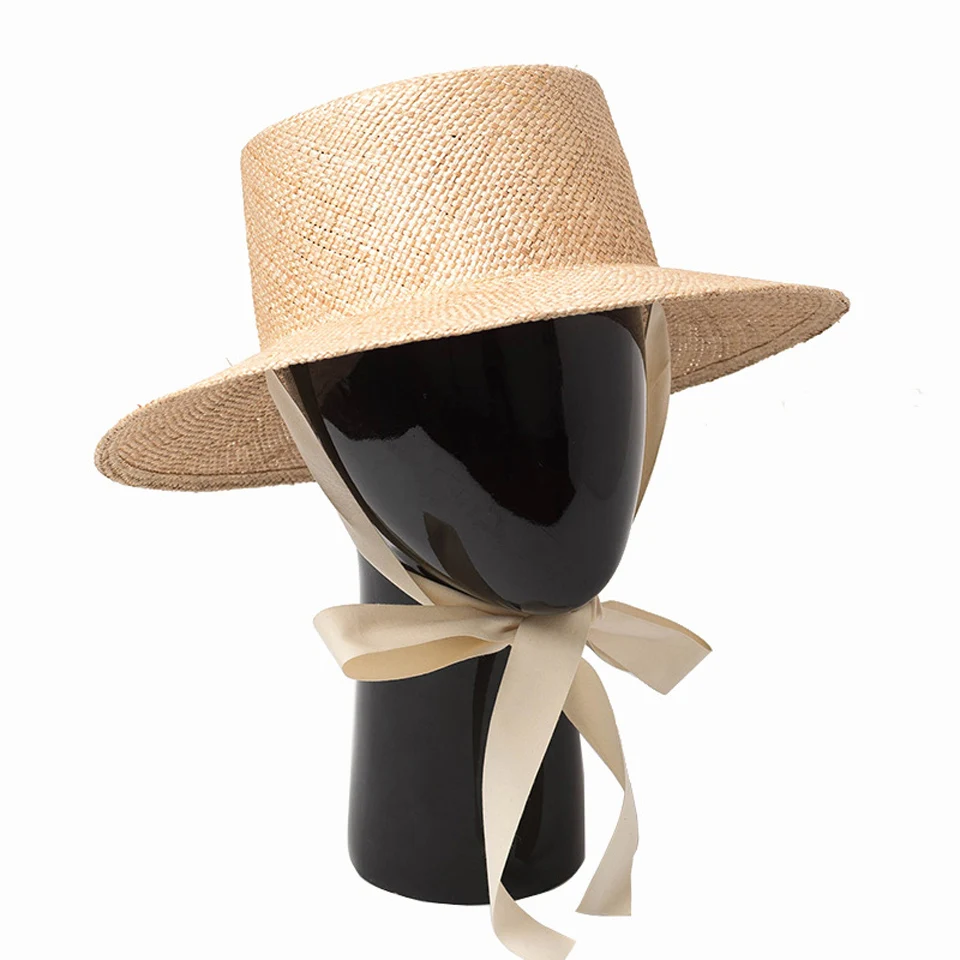 Summer Women Sun Hat With Ribbon Handmade Top Quality Skin-friendly Treasure Straw Hat Gilrs High Quality Natural Flat Beach Hat