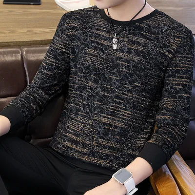 

2019 round neck sweater men's trend long-sleeved T-shirt Hong Kong style chic shirt