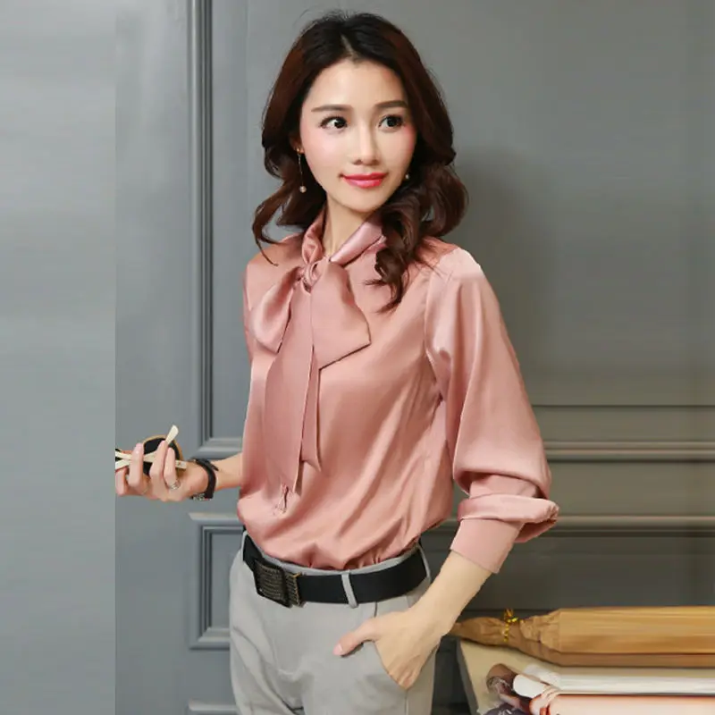 

2020 fashion summer blouse long sleeve female silky bow necklack shirt tops vintage korean novelty streetwear