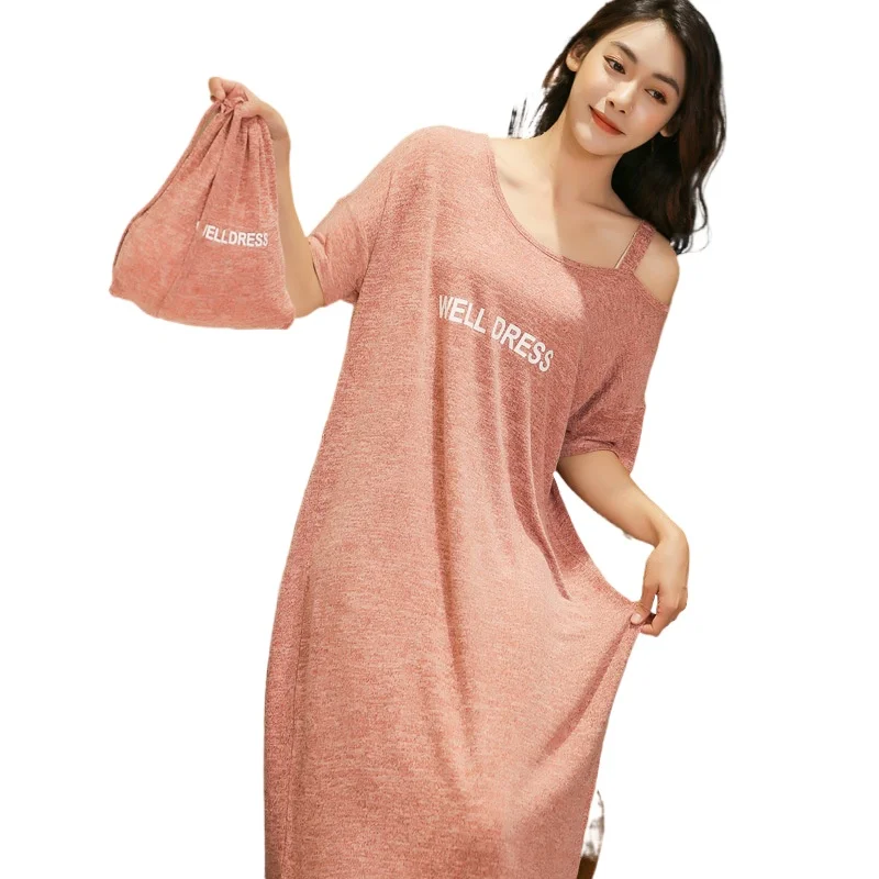 Spring Summer Stripe Loose Short Sleeve Mid-Calf Women's Nightdress Thin Fashion Nightgown & Sleepstirts Home Wear Sleepwear