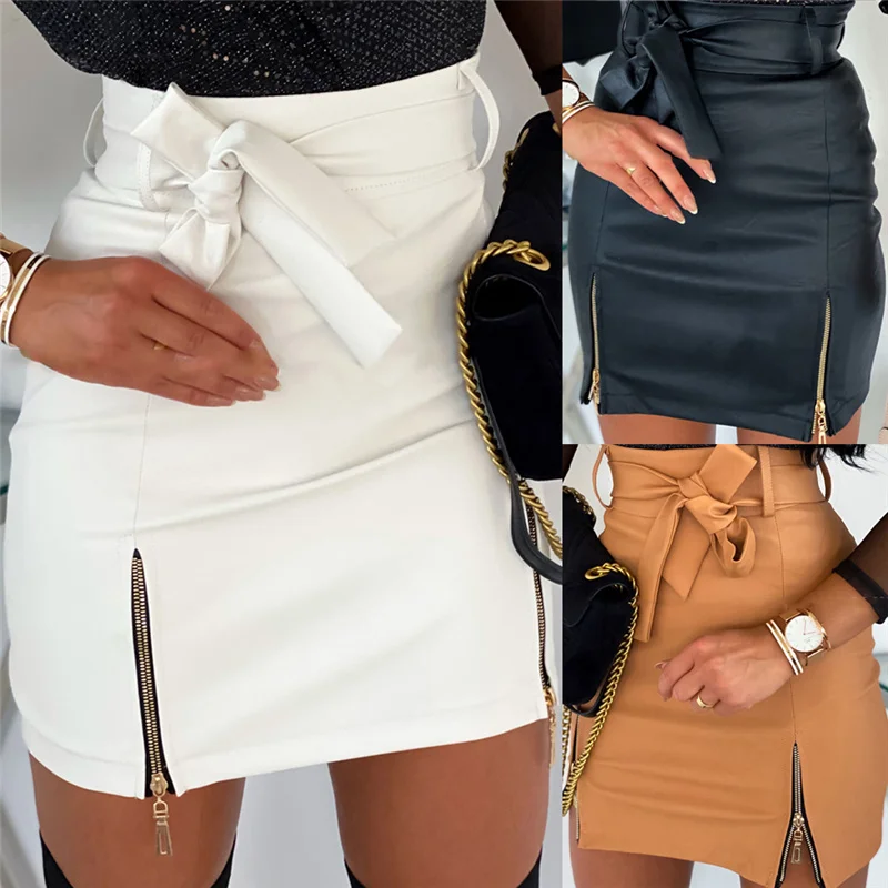 

Women Sexy Pu Leather Pencil Skirt, Clubwear Double Zipper High Waist Bottom Belted Bowknot Tied Bodycon Skirts Slim Bow Sexy