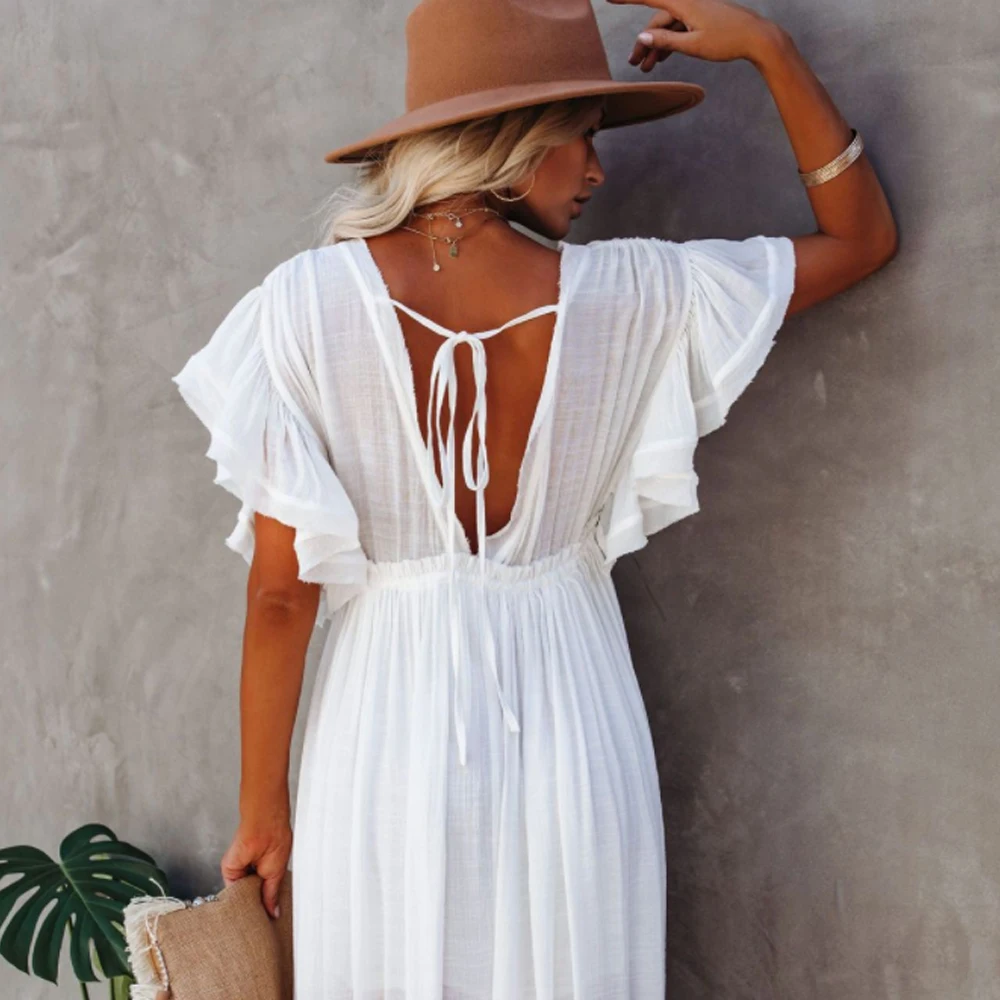 2021 plus size sexy bikini cover ups long white tunic casual summer beach dress elegant women beach wear swim suit cover up free global shipping
