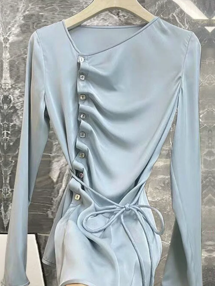 

Fashion Design Asymmetrical Women Shirts Summer New 2021 V-Neck Button Bandage Slim Long-Sleeved Elegant Office Lady Tops