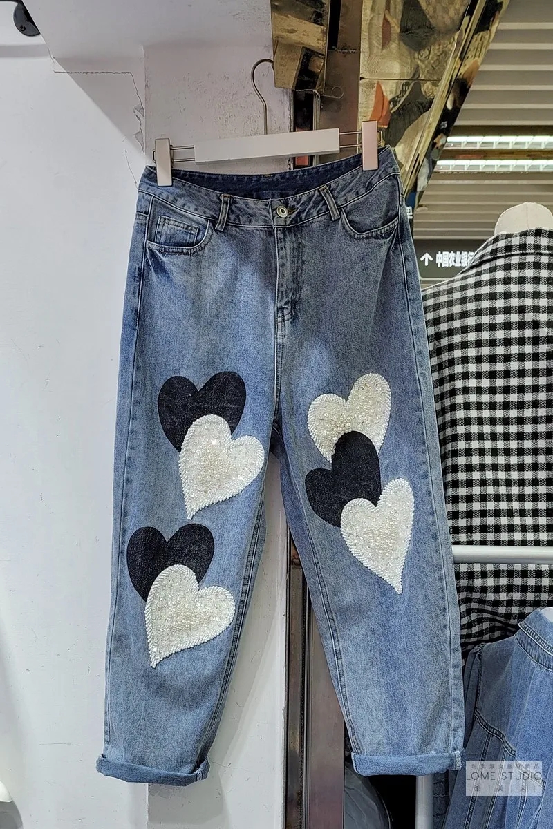 

Blue Women Denim Jeans 2021 Spring New Pure Color Simple Plus Size Jeans Heart Harem Jeans Female