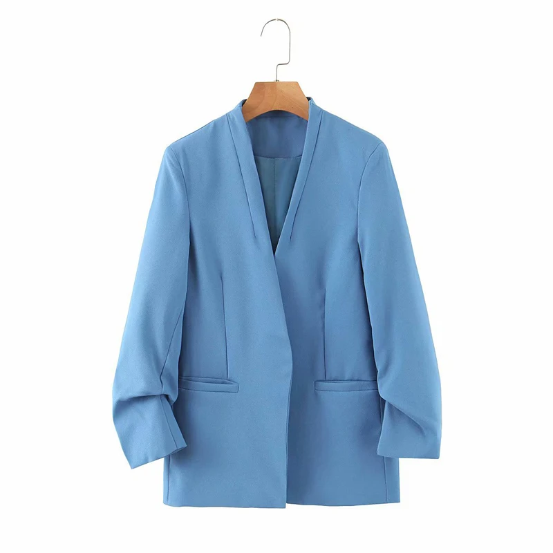 Женский офисный костюм из двух предметов синий пиджак с V образным вырезом и