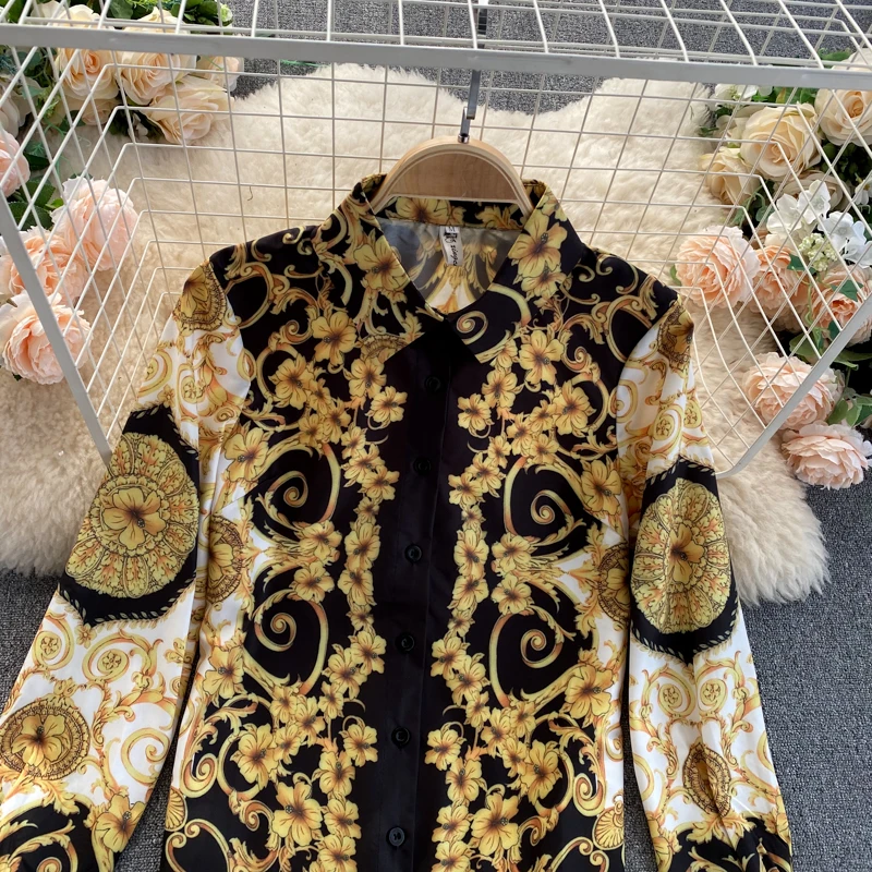 

Europe Bohemian Vintage Exotic Long-Sleeved Loose Thin Fashion Printing Shirt Women's Spring Single-Breasted Black Blouse Tops