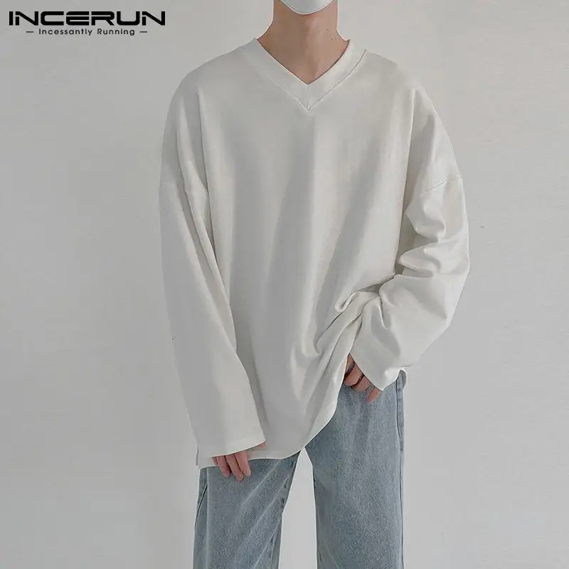

Fashion Men T Shirt 2022 V Neck Long Sleeve Solid Color Casual Men Clothing Streetwear Korean Loose Basic Tee Tops S-5XL INCERUN
