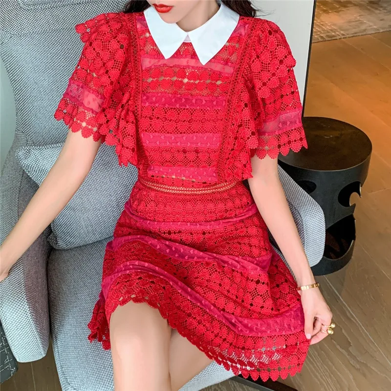 Женское кружевное платье-Автопортрет красное фиолетовое платье с оборками и