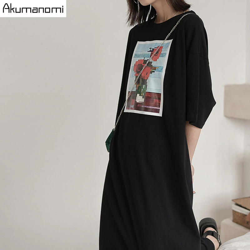 Женское Хлопковое платье с цветочным принтом черное повседневное прямое