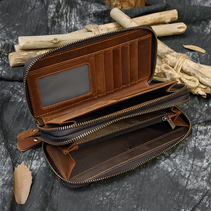 Винтажный Длинный кошелек Crazy Horse из натуральной кожи мужской с отделением для