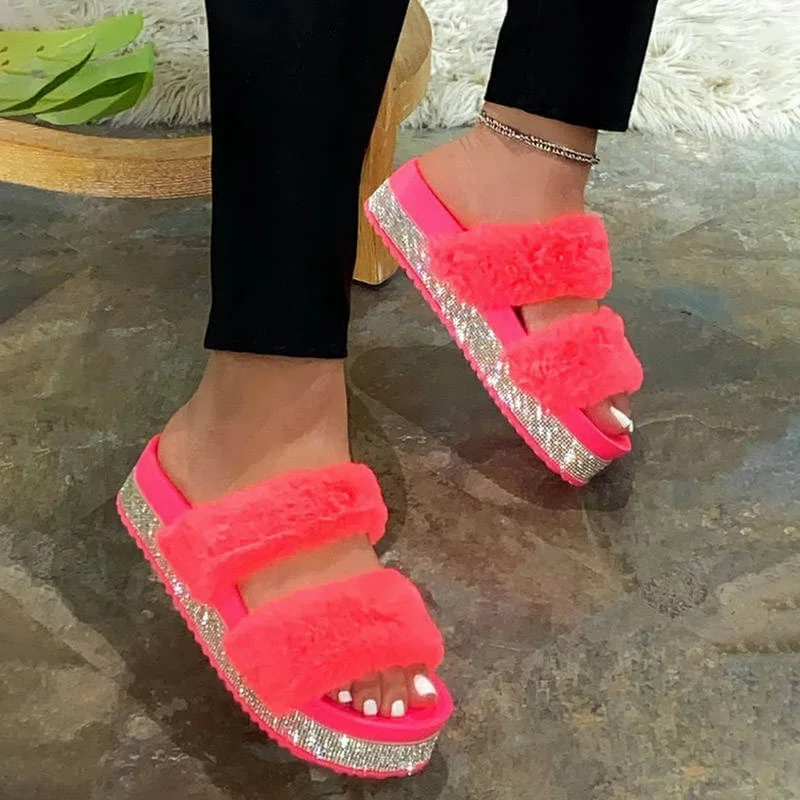 

2020 Women Fur Slippers Furry Slides Summer Bling Sliders Sandals Plush Outdoor Casual Shoes Home Slippers Comfortable Shoes