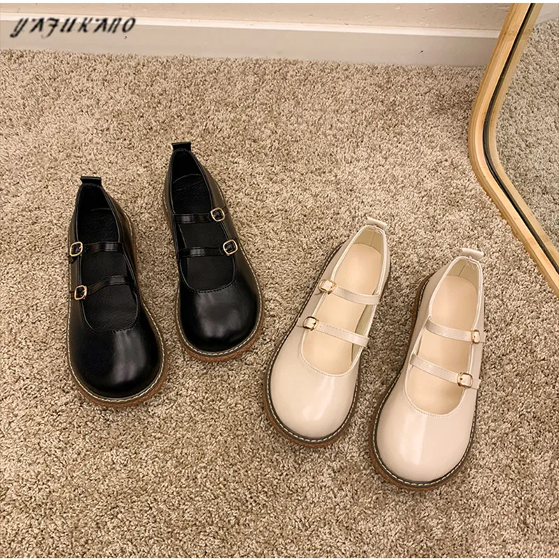 

Mary Jane Shoes Fashion Platform Retro One Word Buckle Non-Slip Low-Heel Small Leather Shoes Mori Literary Thick Sole Flat Shoes