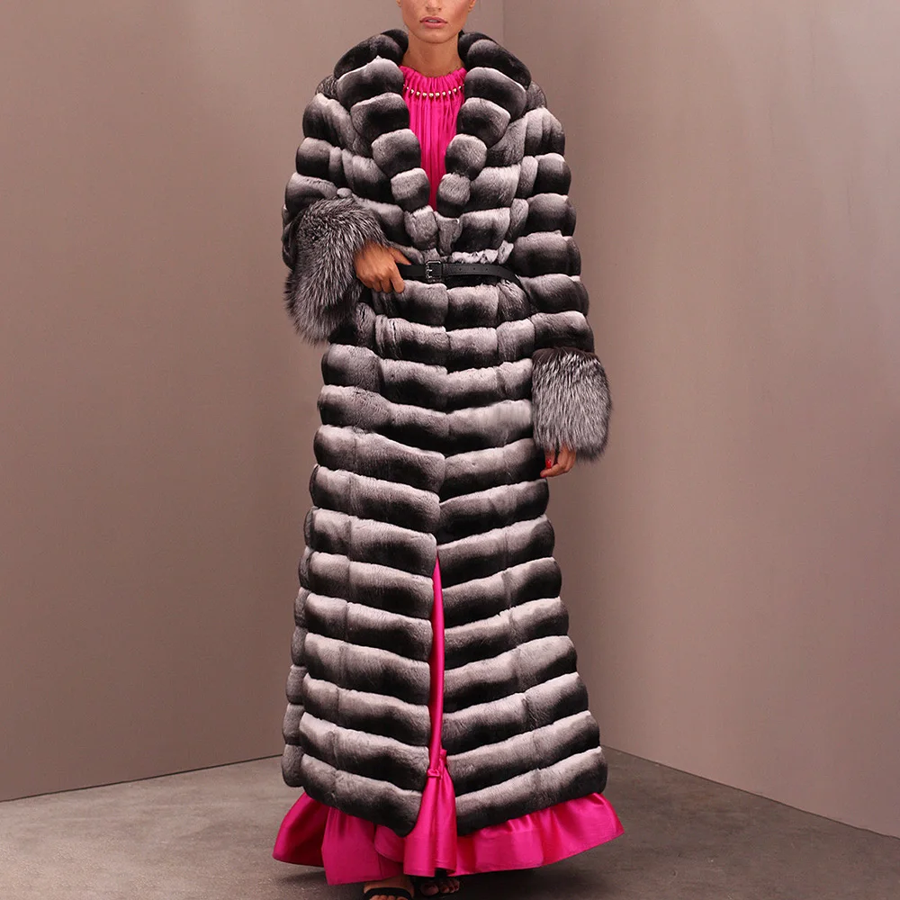 130cm Long Real Rex Rabbit Fur Coat Turn-down Collar Woman Natural Genuine Rex Rabbit Fur Coats With Silver Fox Fur Sleeve Cuffs