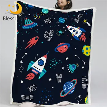 BlessLiving Spaceship Throw Blanket Stars Galaxy Sherpa Blanket Watercolor Blankets For Beds Outer Space Dipper Home Textiles 1
