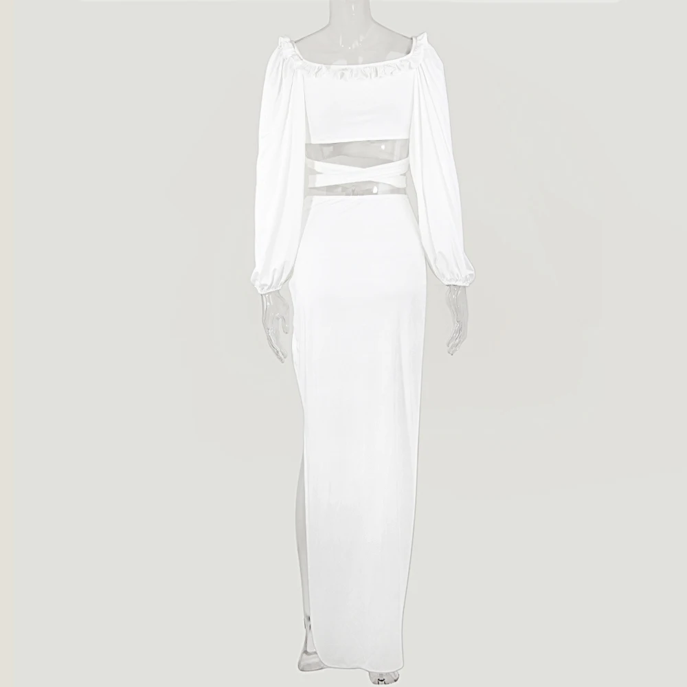 

Lofrcy Elastic Sleeve Cross Puffle Neck Jersey 2 Pieces Sets Club Outfits For Girls Party Women Evening Dresses