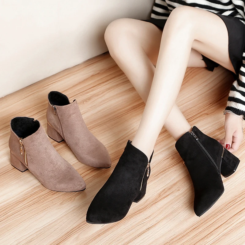 Зимние женские ботильоны Черные зимние ботинки из искусственной замши Ботинки