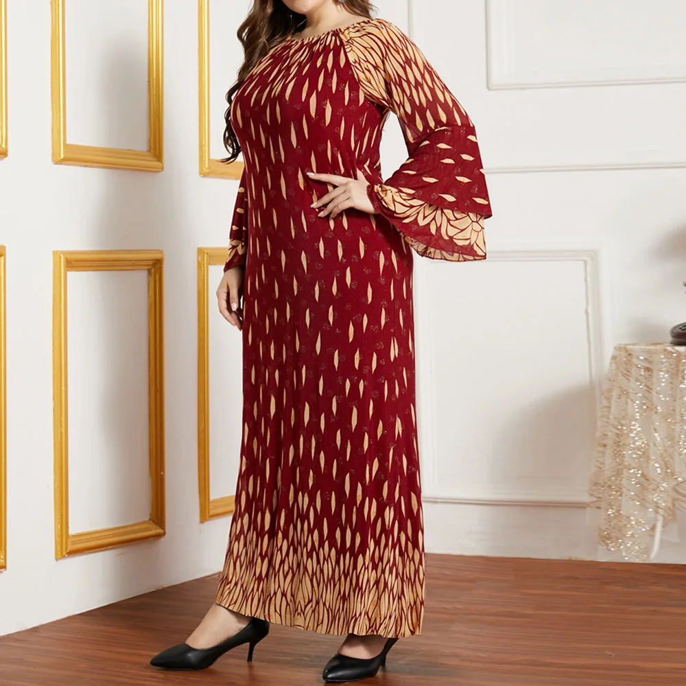 

Muslim Dress Spring Autumn The New Fashion Loose Simple Designer Thin Best Sellers Printing Round Neck Flared Sleeves