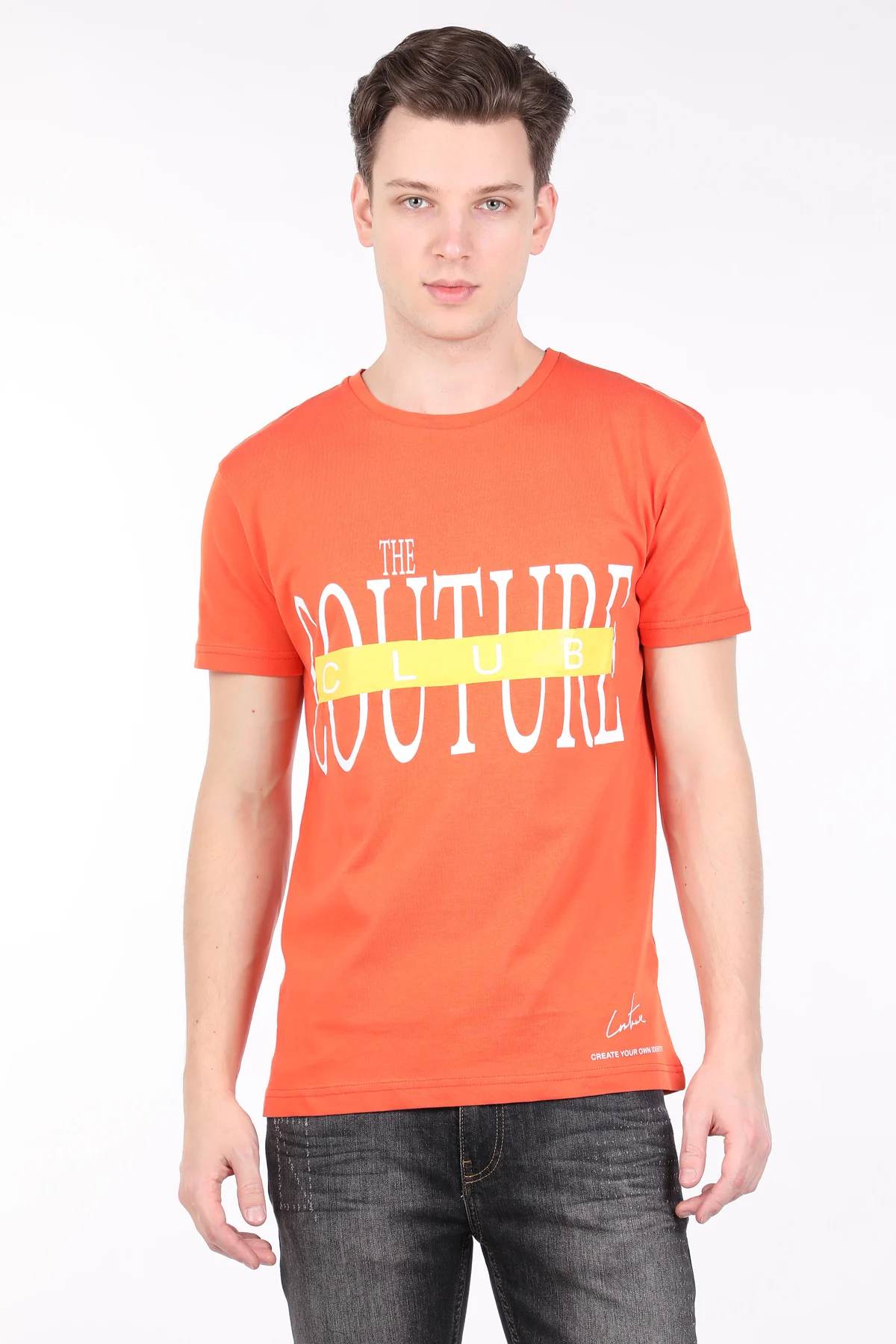 

Men's Orange Couture Printed Bicycle Neck T-shirt