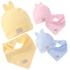 Шапка с треугольным шарфом для новорожденных, хлопковая шапка с кроликом для начинающих ходить девочек и мальчиков, Комбинированные комплекты, нагрудники, теплое украшение