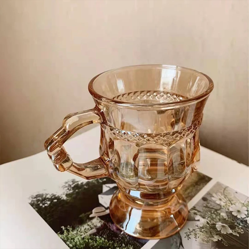 

Ins Retro Relief Glass Heat Resistant Thick Glass Cup Luxurious European Style Teacup High Foot Latte Coffee Cup Tea Mugs✈✈✈