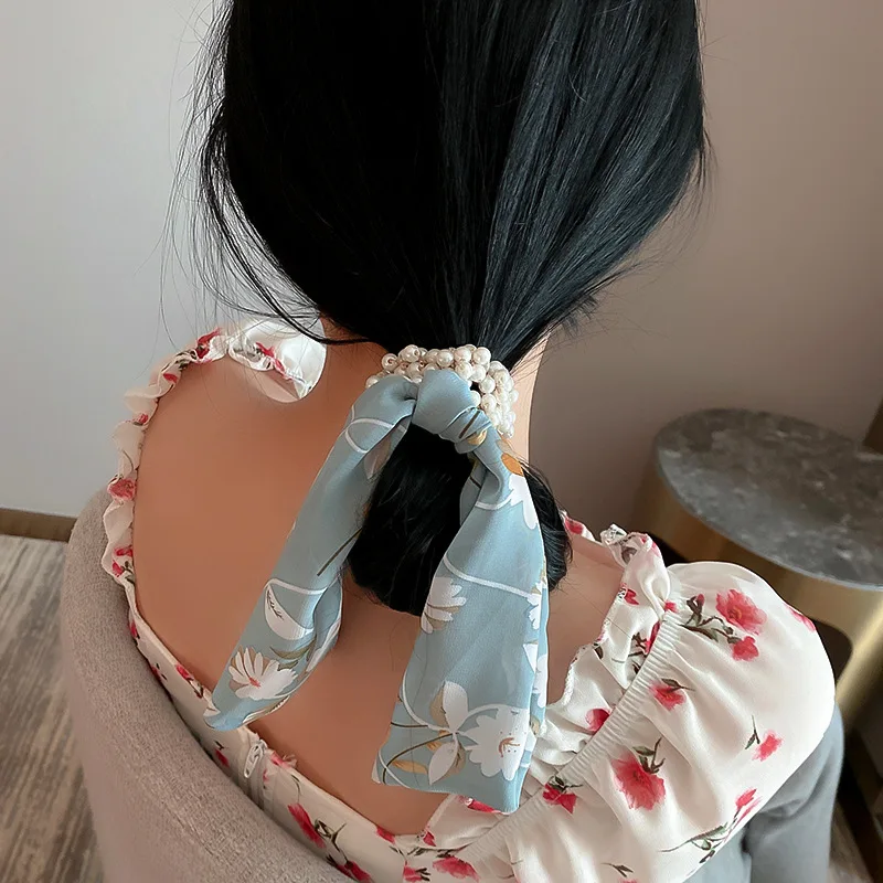 

Women Pearl Hair Ties Fashion Ribbon Hairband Scrunchies Girls Ponytail Holders Bow Rubber Band Hair Accessories Headwear