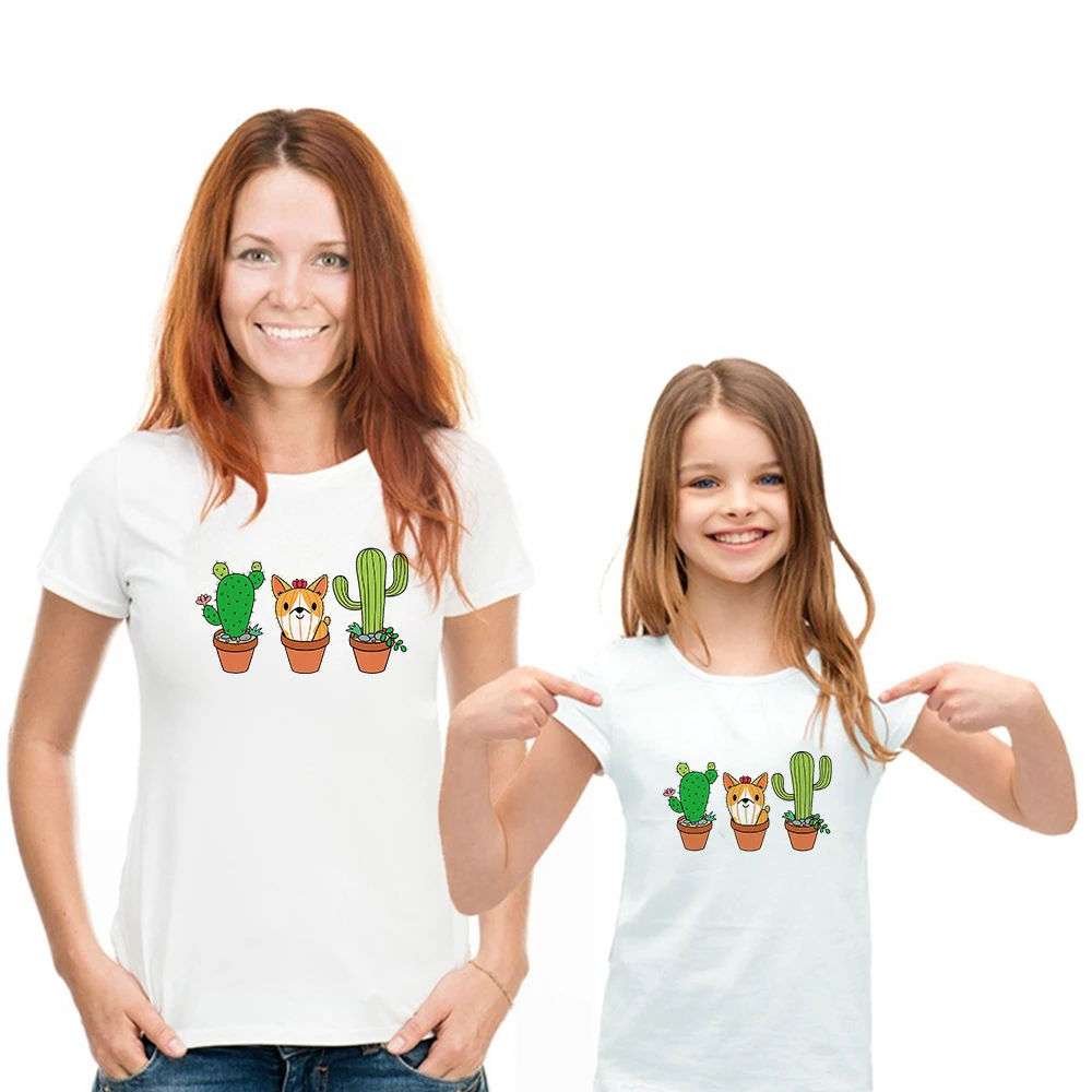 

2021 Women T-shirt Creativity Casual Short Sleeve Q Version Of Cactus Printed Family Look Tee Tops Cute Baby girl Tshirt