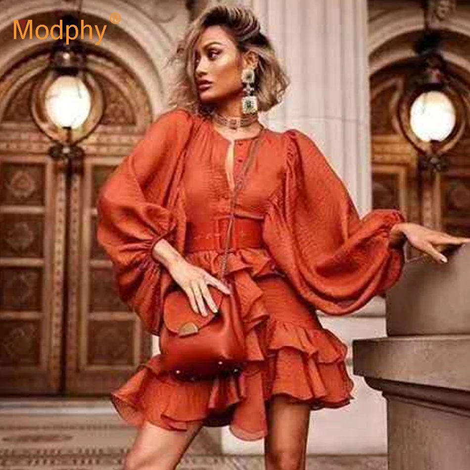 

Fashion Puff Sleeve Ruffled Mini Dress Sexy Long Sleeve Belt Mini Outing Vacation Party Dress Female 2020 Spring New Clothing