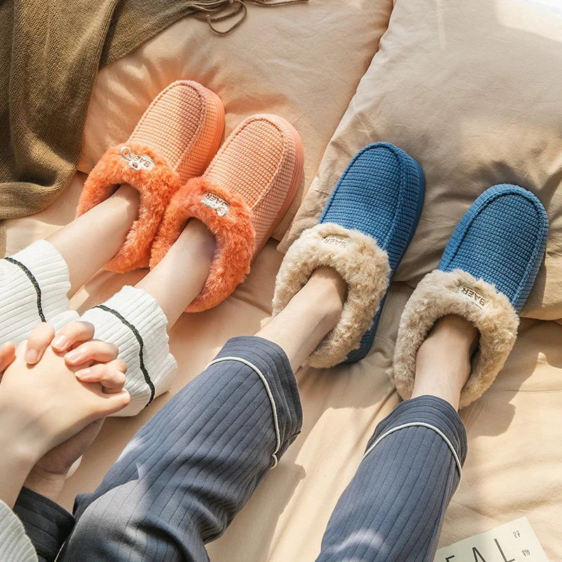 Winter Ladies Furry Cotton Slippers Man Short Plush Slides Warm Home Indoor Plus Velvet Closed Shoes Women Designer Slippers