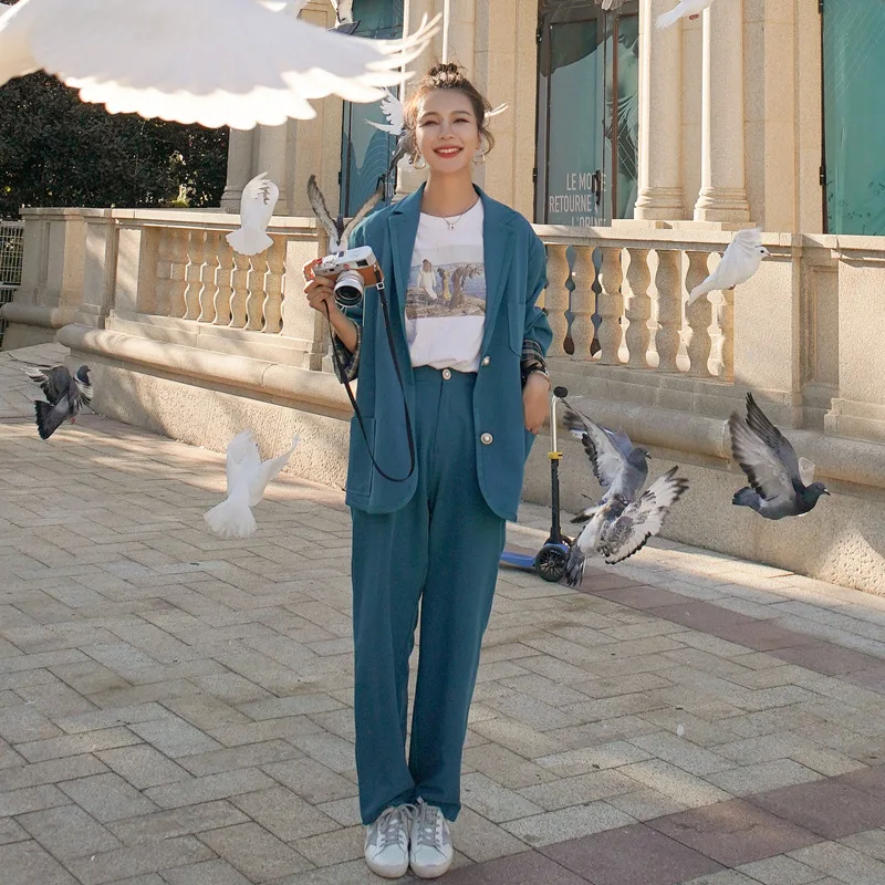 

Peacock Blue Solid Loose Pant Suits 2 Peice Set Women Elegant Office Lady Blazer Coat Single Breasted Straight Pants Trouser2020