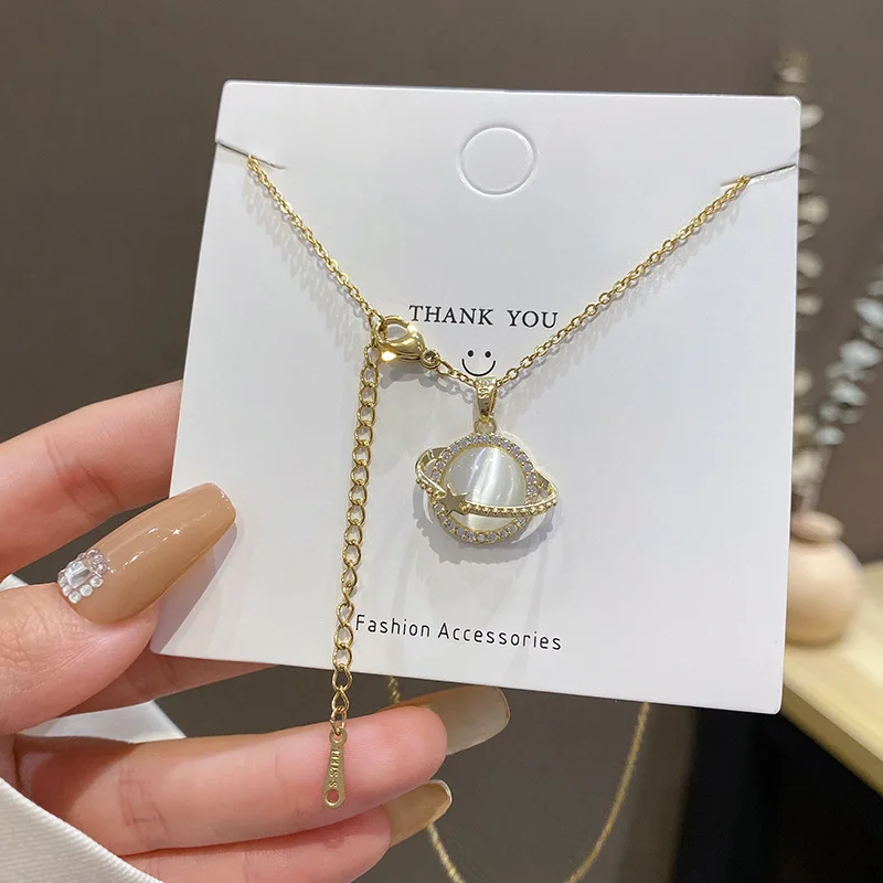

South Korea Fashion Personality Jane Opal Planet Pendant Titanium Steel Necklace Gift Banquet Party WOMEN'S Jewelry Necklace