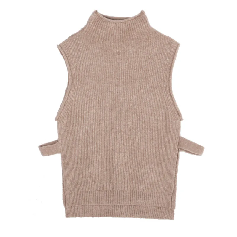 

Turtleneck side slit knitted sweater top women 2020 autumn winter knitted sweater solid color pullover sleeveless women Women's