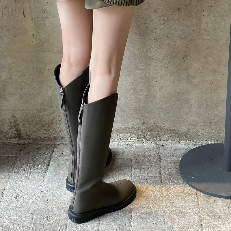 

New One-click Unlocking Long Legs Small Value V Ink Green High Tube Knight Boots Round Head Zipper Not Knee Boots