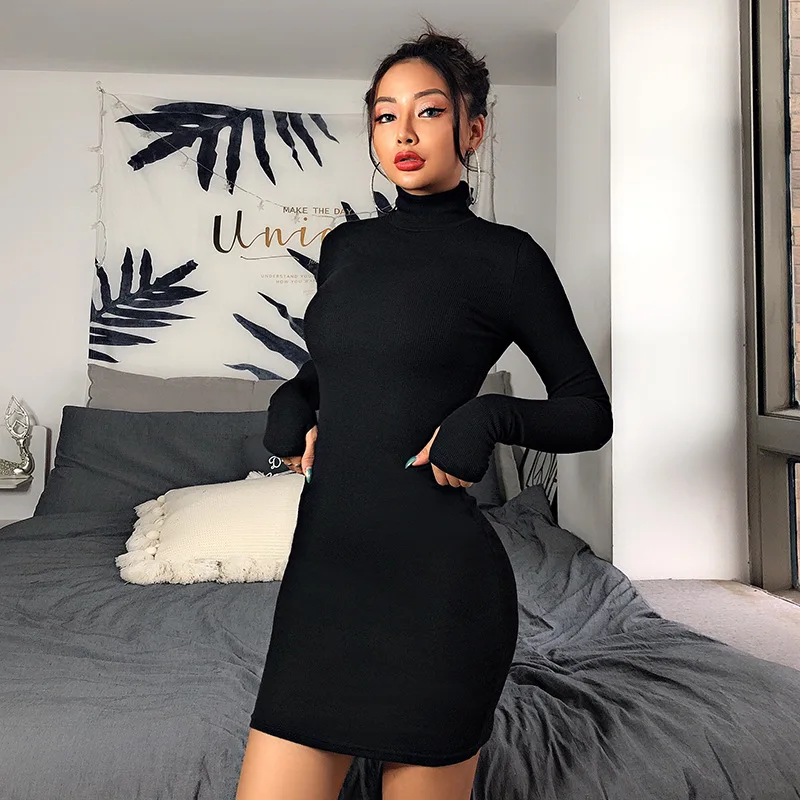 

Long Sleeve Mini Dress Women 2020 Autumn Winter Solid Turtleneck Bodycon Dresses Sexy Cotton High Quality Ladies Fashion Clothes
