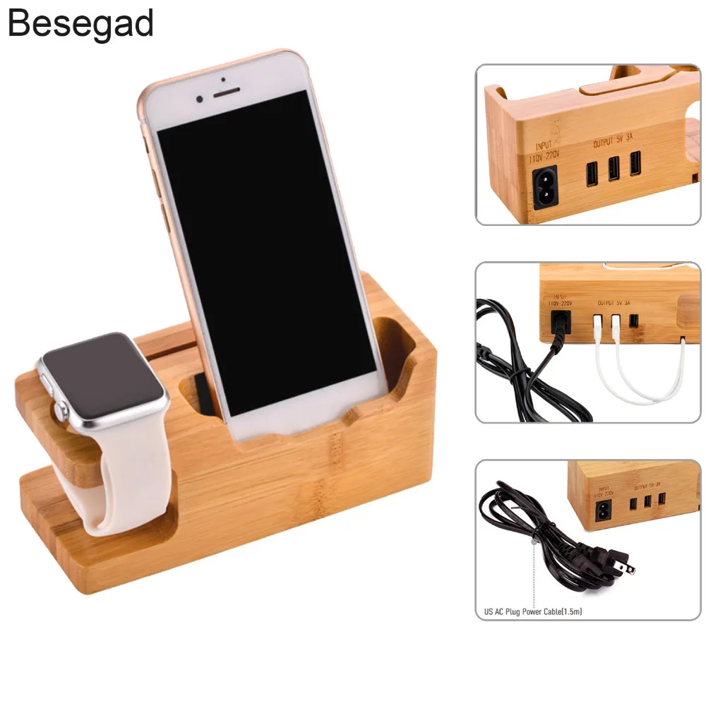 Besegad бамбуковая зарядная станция USB подставка органайзер с дисплеем для яблочных