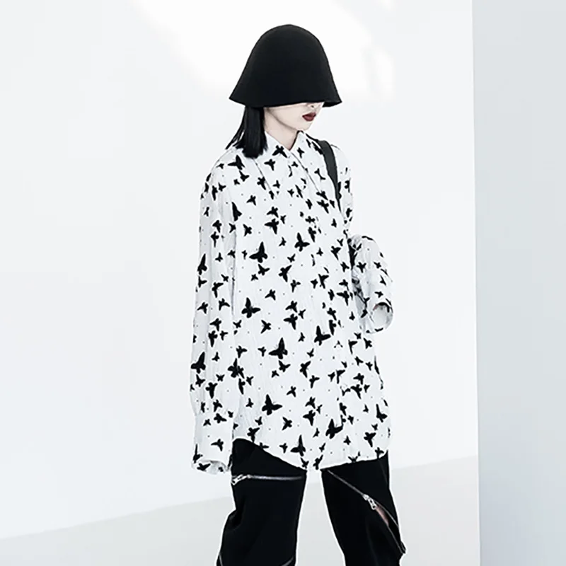 

SHENGPALAE Personality Print Butterfly Chiffon Blouse Women's Spring 2021 New Lapel Large Size Single Breasted Long Sleeve Shirt