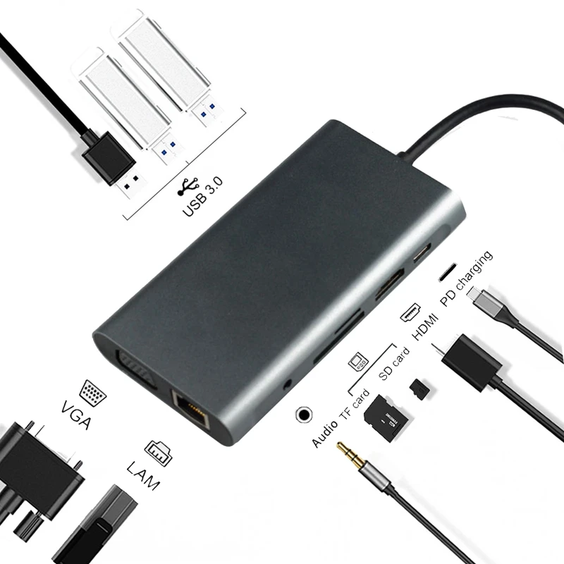 Usb-хаб C 10 в 1 Thunderbolt 3 Type адаптер док-станция USB 0 порт 4K HDMI 1080P VGA RJ45 Gigabit Ethernet для Macbook