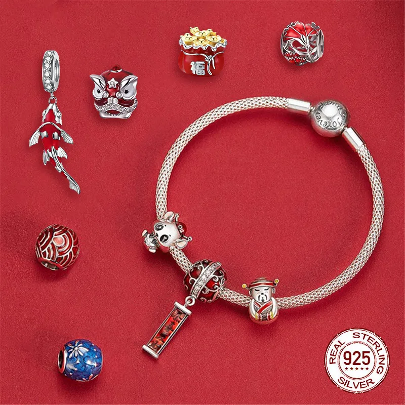Браслет Pandora, серебро 925,, китайский талисман на удачу, бусины S925, красный, талисман на удачу, Бог, талисманы для изготовления ювелирных изделий