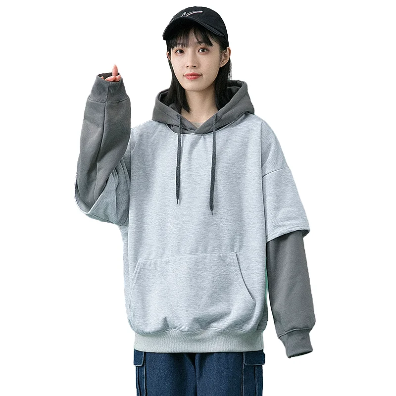 

spring blue bottom port style hooded and fake two-piece Hoodies couple long sleeve loose casual coat