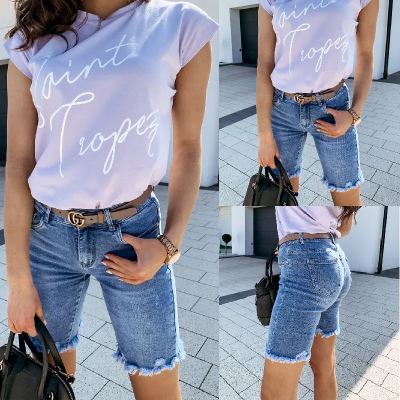 

Summer Femininity High Waist Denim Shorts Fashion Casual Slim Knee Length Jeans Women Streetwear Tassel Ripped Jean Short Y2K 28