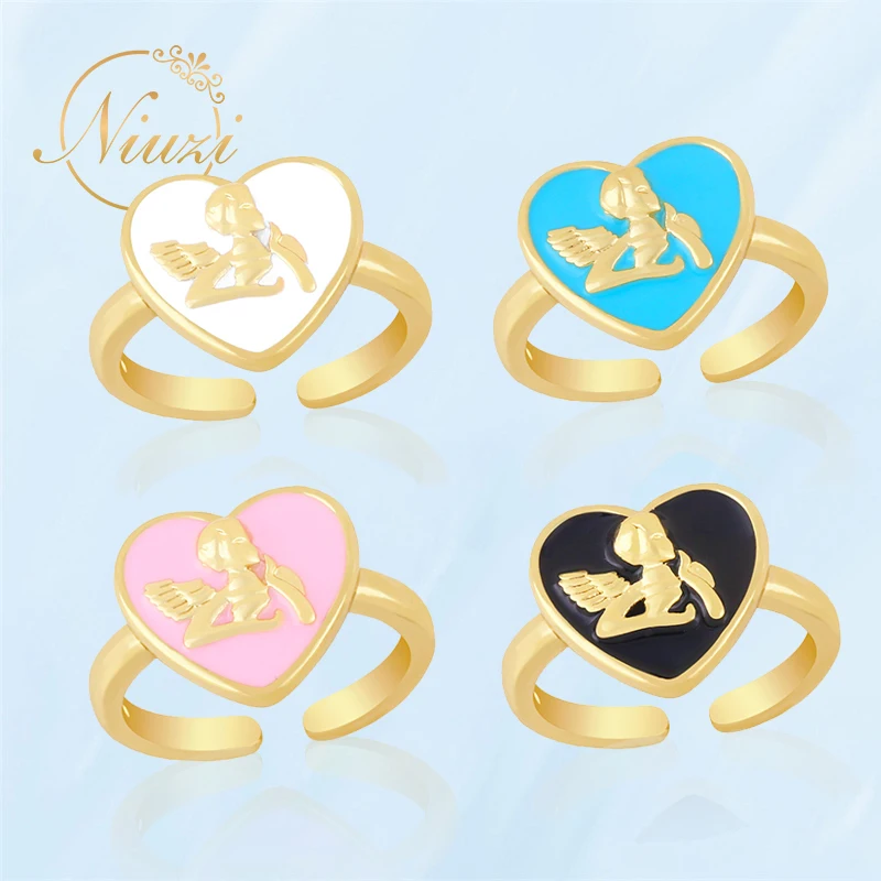 

K-pop Cute Women Heart Rings Fashion Pink Love Zircon Ring Teen Girls Retro Unusual Angel Ring Personalized Female Trend Jewelry