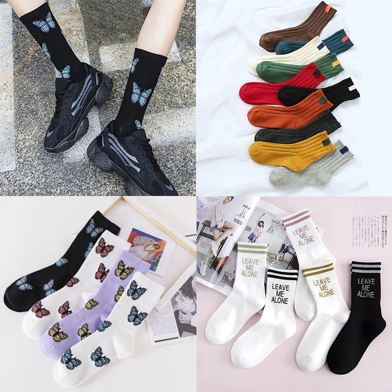 

New Butterfly Socks Women Streetwear Harajuku Crew Kawaii Stripe Fashion Ankle Funny Cotton Embroidered Expression Sox