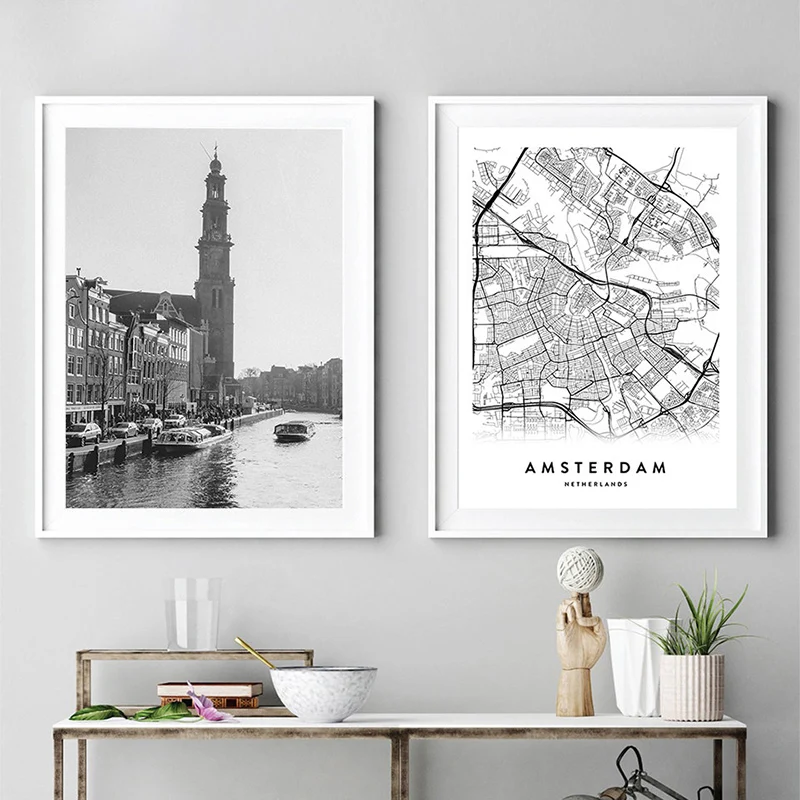 Постер с картой города Амстердам Настенная картина черного и белого цвета Декор