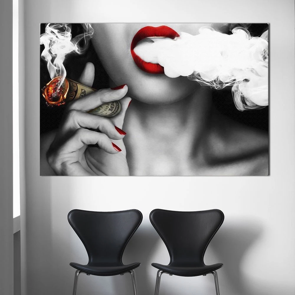 

Red Lips Smoking Canvas Painting Sexy Women Smoking Poster and Prints Decor Wall Picture Modern Living Room Home Decoration